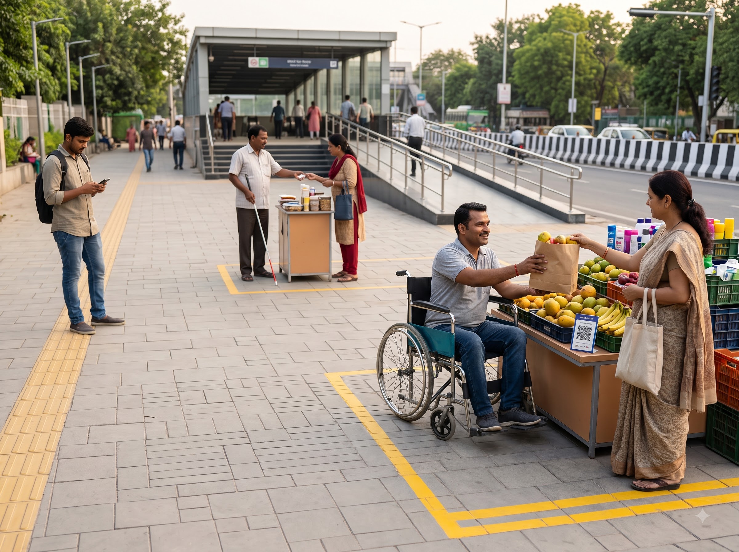 PwD vendors at marked, accessible vending spots near a metro station